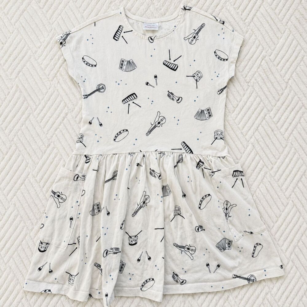 Hanna Andersson Girls Size 8 Music Instrument Print Organic Cotton Pocket Dress